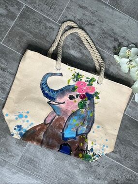 Hand-Painted Elephant Canvas Tote in Cream with Blue & Pink Accents